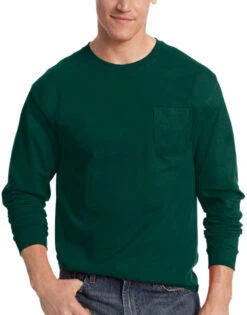Hanes Men TAGLESS Long-Sleeve T-Shirt With Pocket 5596 -Smooth Men Wear Store Hanes 5596 Deep Forest T