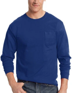 Hanes Men TAGLESS Long-Sleeve T-Shirt With Pocket 5596 -Smooth Men Wear Store Hanes 5596 Deep Royal T