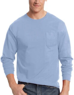 Hanes Men TAGLESS Long-Sleeve T-Shirt With Pocket 5596 -Smooth Men Wear Store Hanes 5596 Light Blue T