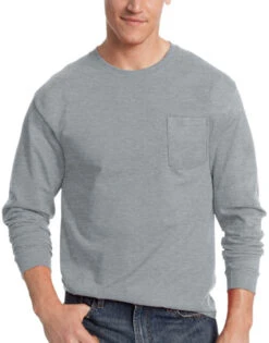 Hanes Men TAGLESS Long-Sleeve T-Shirt With Pocket 5596 -Smooth Men Wear Store Hanes 5596 Light Steel T