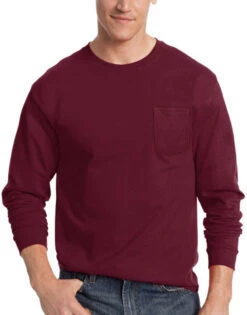 Hanes Men TAGLESS Long-Sleeve T-Shirt With Pocket 5596 -Smooth Men Wear Store Hanes 5596 Maroon T