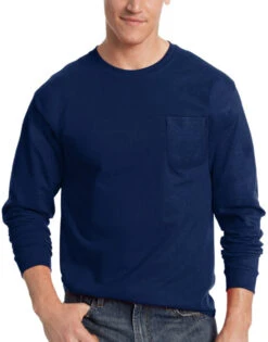 Hanes Men TAGLESS Long-Sleeve T-Shirt With Pocket 5596 -Smooth Men Wear Store Hanes 5596 Navy T