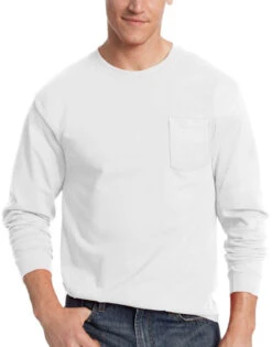 Hanes Men TAGLESS Long-Sleeve T-Shirt With Pocket 5596 -Smooth Men Wear Store Hanes 5596 White T